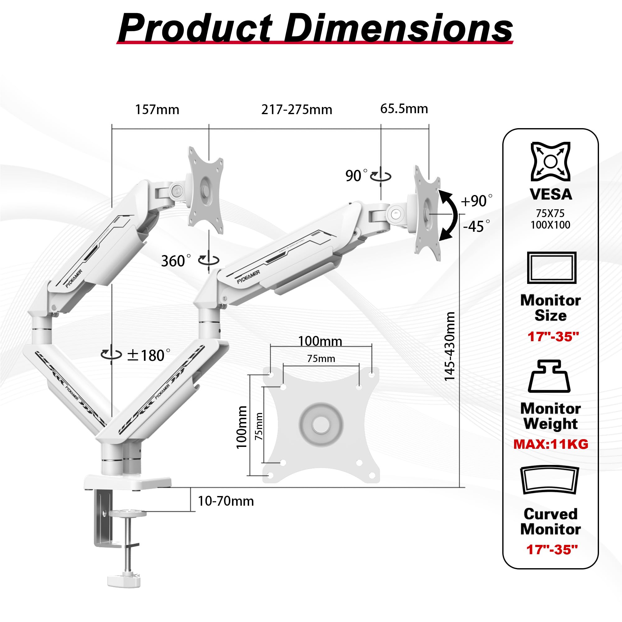 Fydeamer Dual-Monitor Halterung für 17-35 Zoll bis 11 kg –Bildschirmhalterung 2 Monitore Höhenverstellung, Drehen und Schwenken – Schwerlastfähige Ergonomische Monitorhalterung, VESA 75 & 100, Weiß