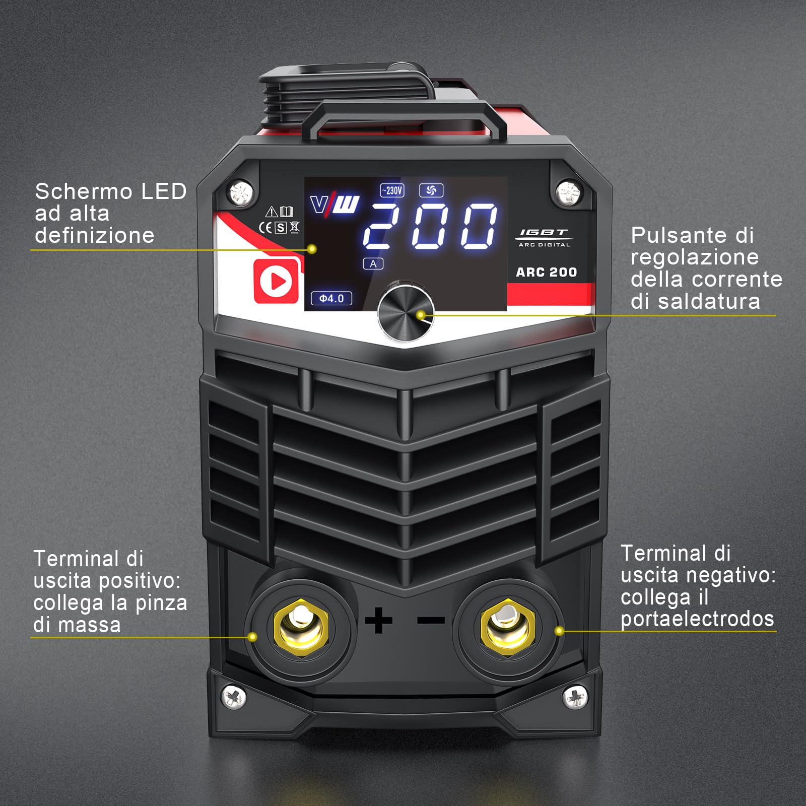 200A Saldatrice a Elettrodi, ARC/MMA Inverter Saldatrice, Saldatrice Portatile con IGBT e Controllo Dell'arco per Principianti, ARC 200 con Hot Start, Casco da Saldatura, 10 Elettrodi-VECTOR WELDING