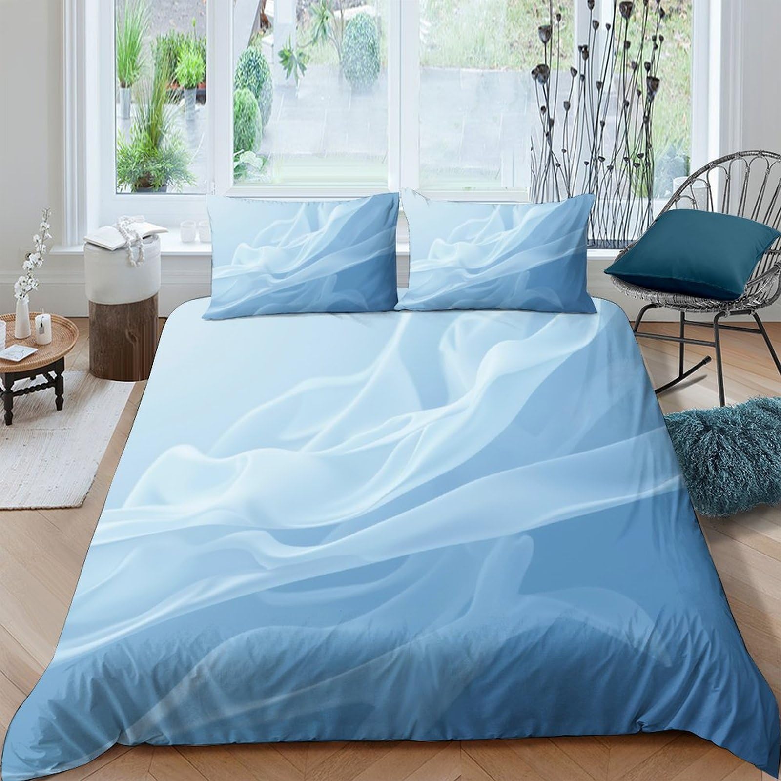 GPLZQXKJNH 3D Printed Blue Water Ripple Duvet Cover Microfiber Soft Breathable Ocean Wave Bedding Set with 2 Pillowcases for Bedroom Decor Single（135x200cm）