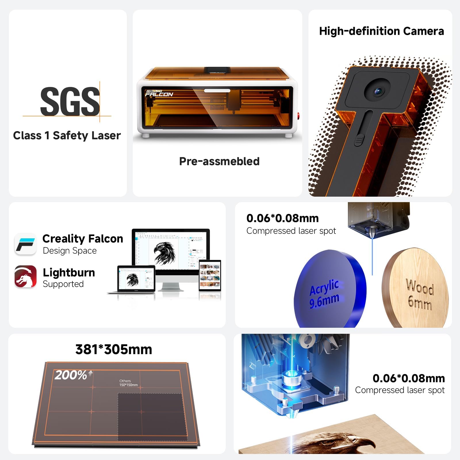 Creality Falcon A1 10W Geschlossener Lasergravierer, Klasse 1 Sicherheits-Laser-Cutter mit HD-Kamera & Air Assist, Vormontiert 600mm/s CoreXY, für Holz und Acryl, Weiß