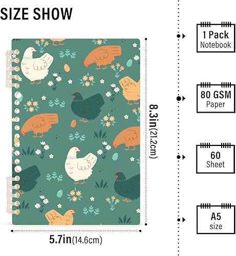 Miniatura 2 de Cute Chickens Floral Farm Animals Cuaderno A5 en espiral, 60 hojas de papel rayado universitario, tapa dura duradera, 8.3 x 5.7 pulgadas
