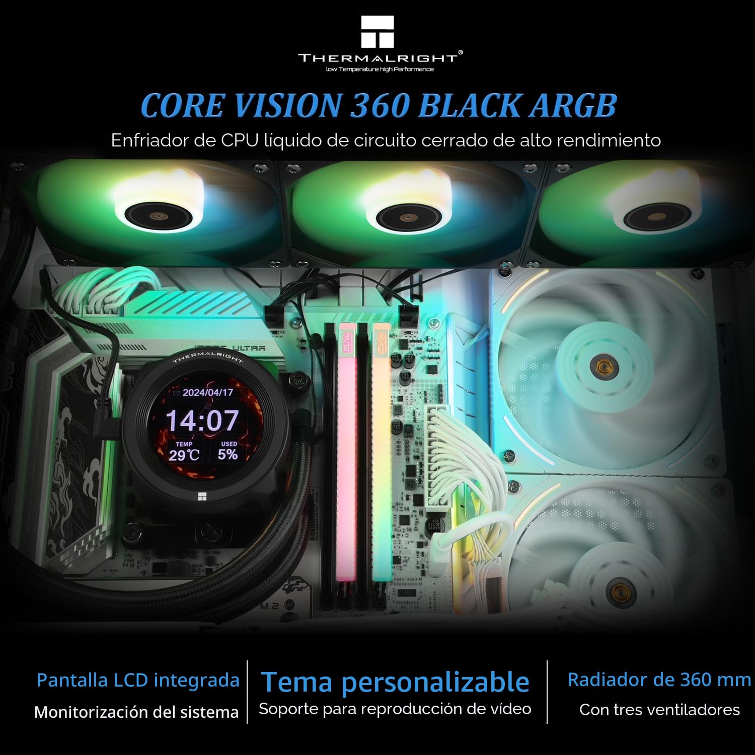 TR CORE VISION 360 Black ARGB CPU AIO Cooler, pantalla LCD IPS con resolución de 480 x 480, para AM5&Intel 1700/1851, refrigerado por agua, elemento de alto rendimiento 360 Specs con pantalla