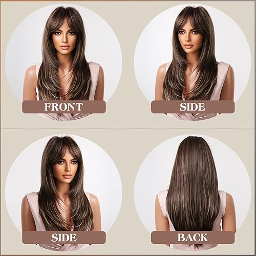 Miniatura 4 de Pelucas largas rubias castañas con flequillo, peluca de 24 pulgadas de largo y lacia para mujer, peluca de cabello sintético con reflejos marrones,