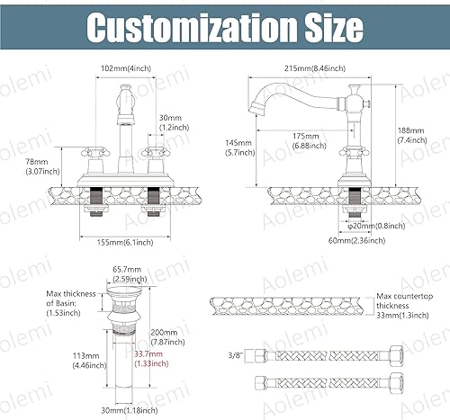 Miniatura 6 de Aolemi Grifo de lavabo de baño de 4 pulgadas, estilo vintage, 2 asas cruzadas, grifo mezclador de lavabo para lavabo, 3 agujeros, incluye manguera
