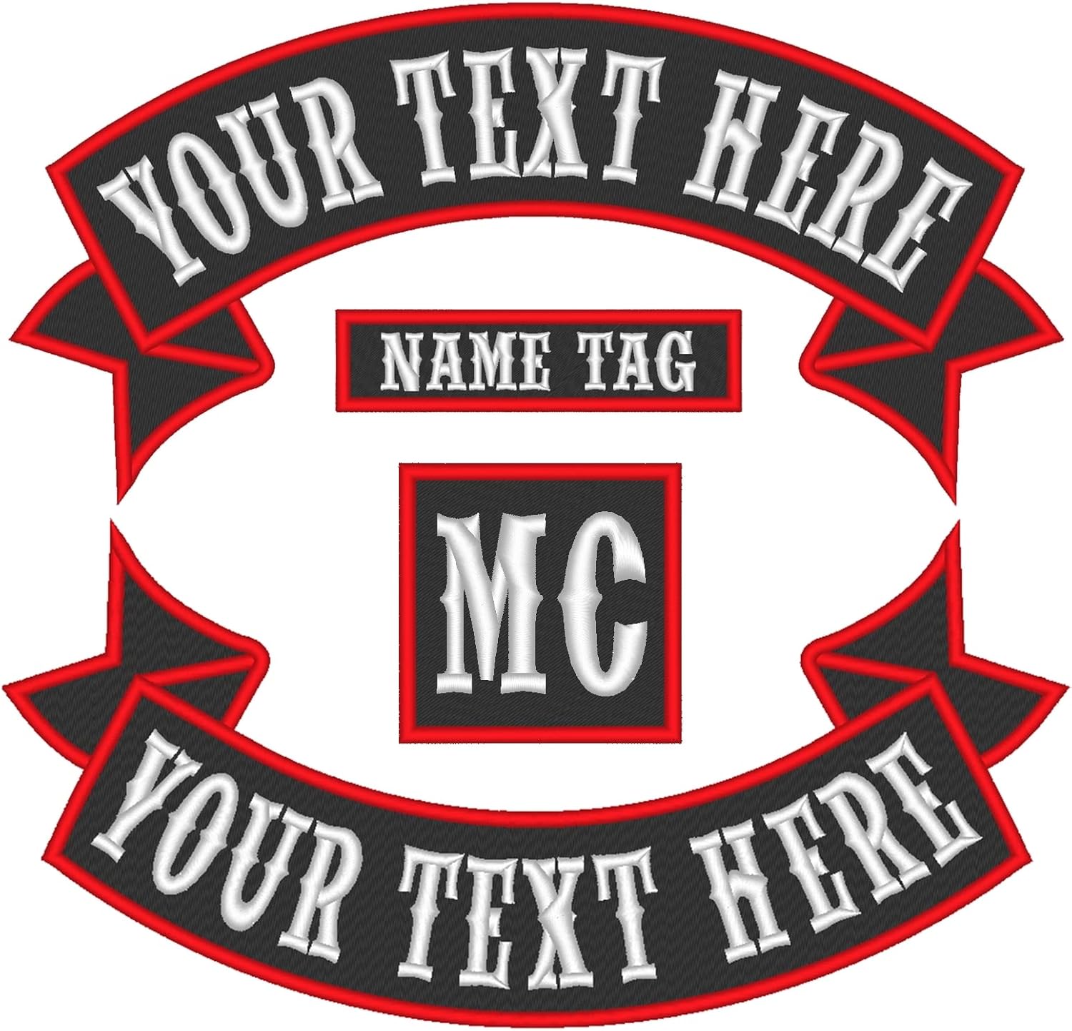 Custom Embroidered Patch Ribbon Rocker Name Tag MC Motorcycle Biker Sew on Patches - 12 inch Set (E-1) - 4 pc