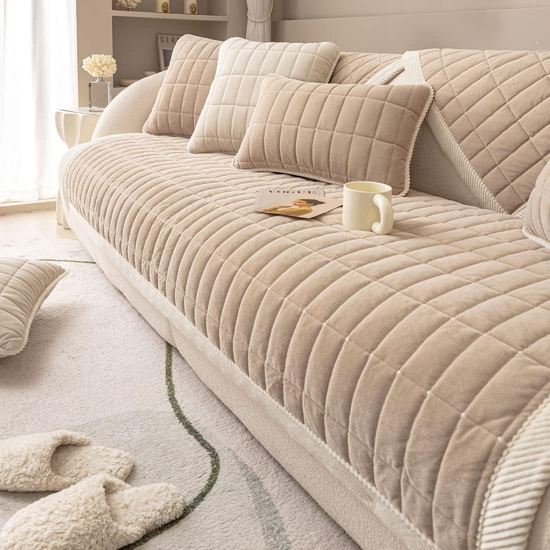 vctops Velvet Plush Plaid Quilted Sofa Cover Super Soft Non Slip Sectional Couch Cover Farmhouse Fluffy Fuzzy Sofa Slipcover Furniture Protector for Dogs Cats Pet (Coffee,43"x43")