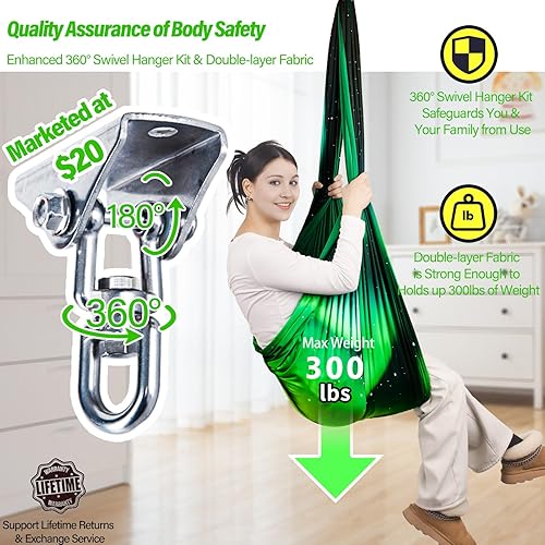 Miniatura 17 de Columpio sensorial para niños y adultos con capacidad para hasta 300 libras en interiores y exteriores, columpio de terapia de doble capa con kit