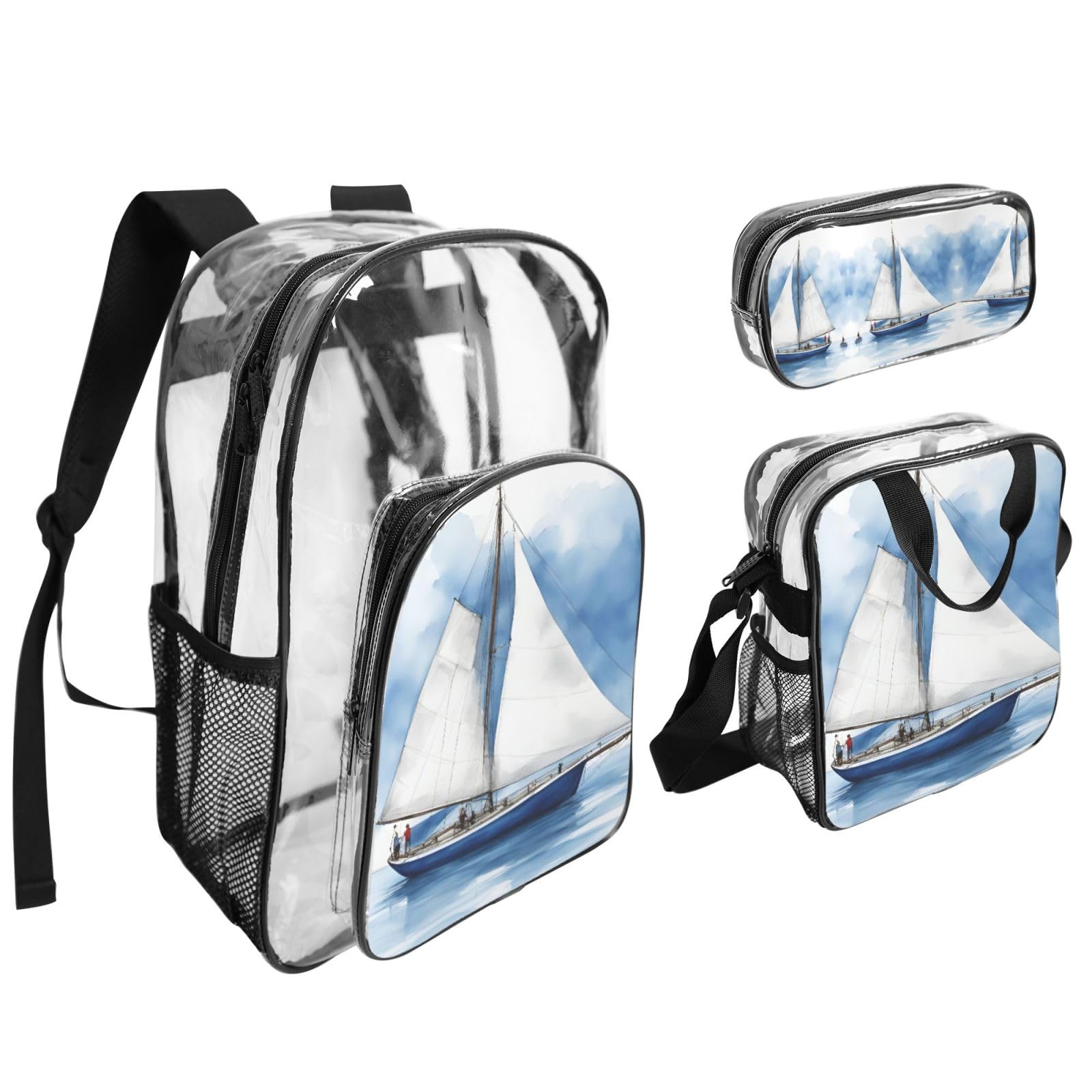 Blue Sailboat 1 Zaino Stampato Set 3 in 1 Trasparente Borsa Set Per Scuola Lavoro Stadio Eventi E Trasporto quotidiano
