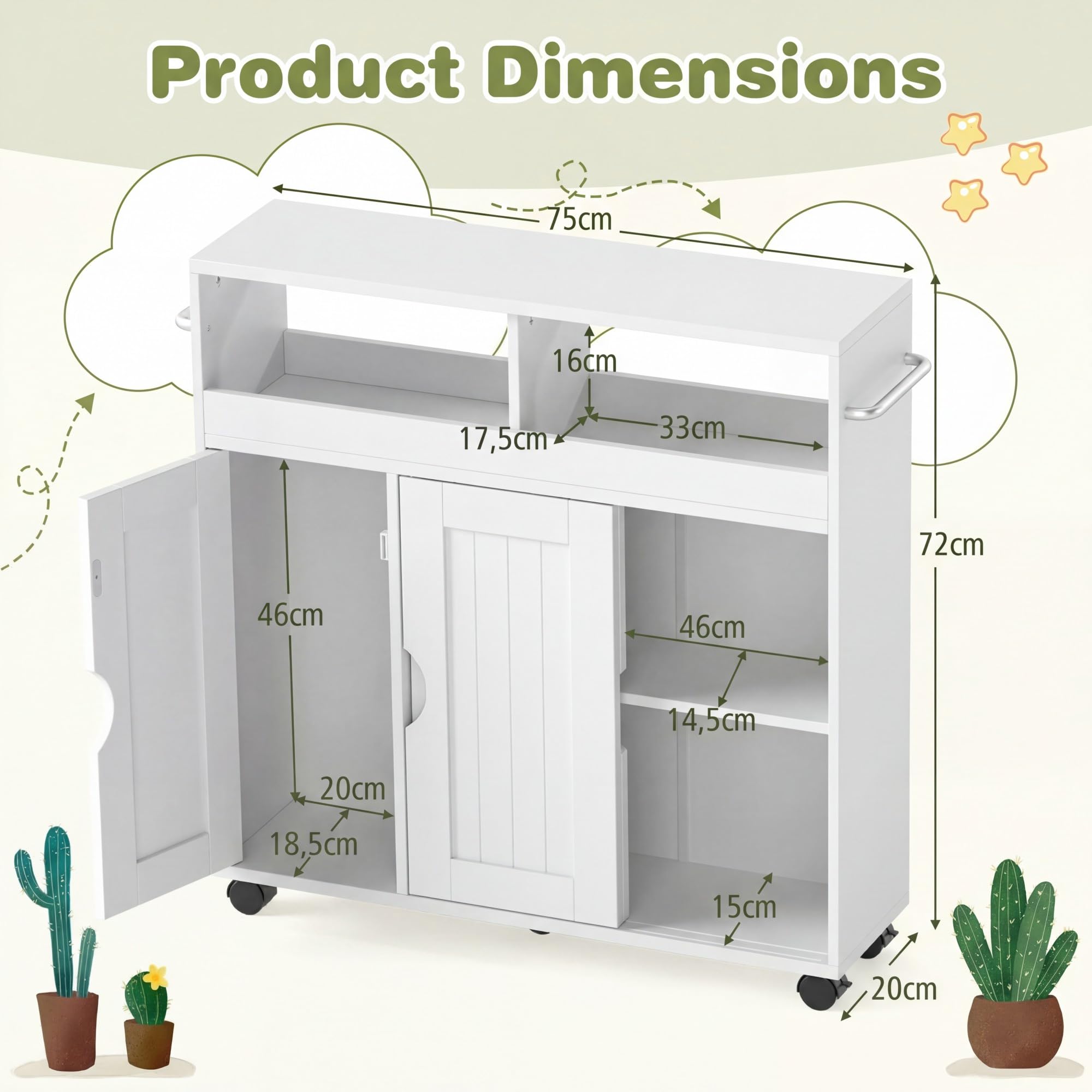 LIFEZEAL Nischenschrank, Badezimmerschrank schmal mit offenen Ablagen, Schrank & Schiebetüren, Nischenwagen mit verstellbarem Einlegeboden, Badrollwagen für Bad, Küche, 75 x 20 x 72 cm, Weiß