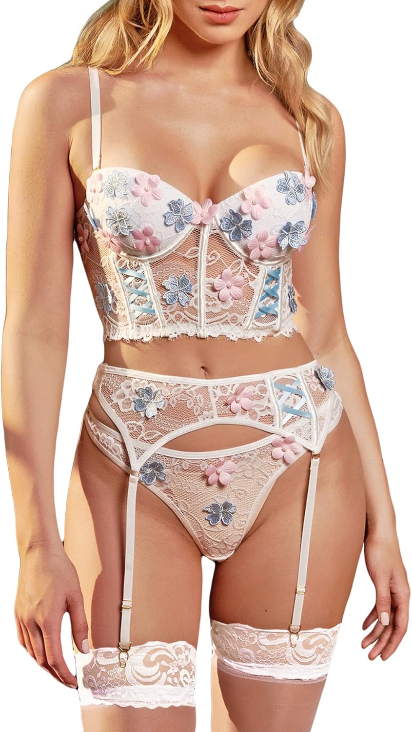 WDIRARA Women's Floral Lace Mesh Lingerie Set Zip Front Bra And Panty Set Black Small