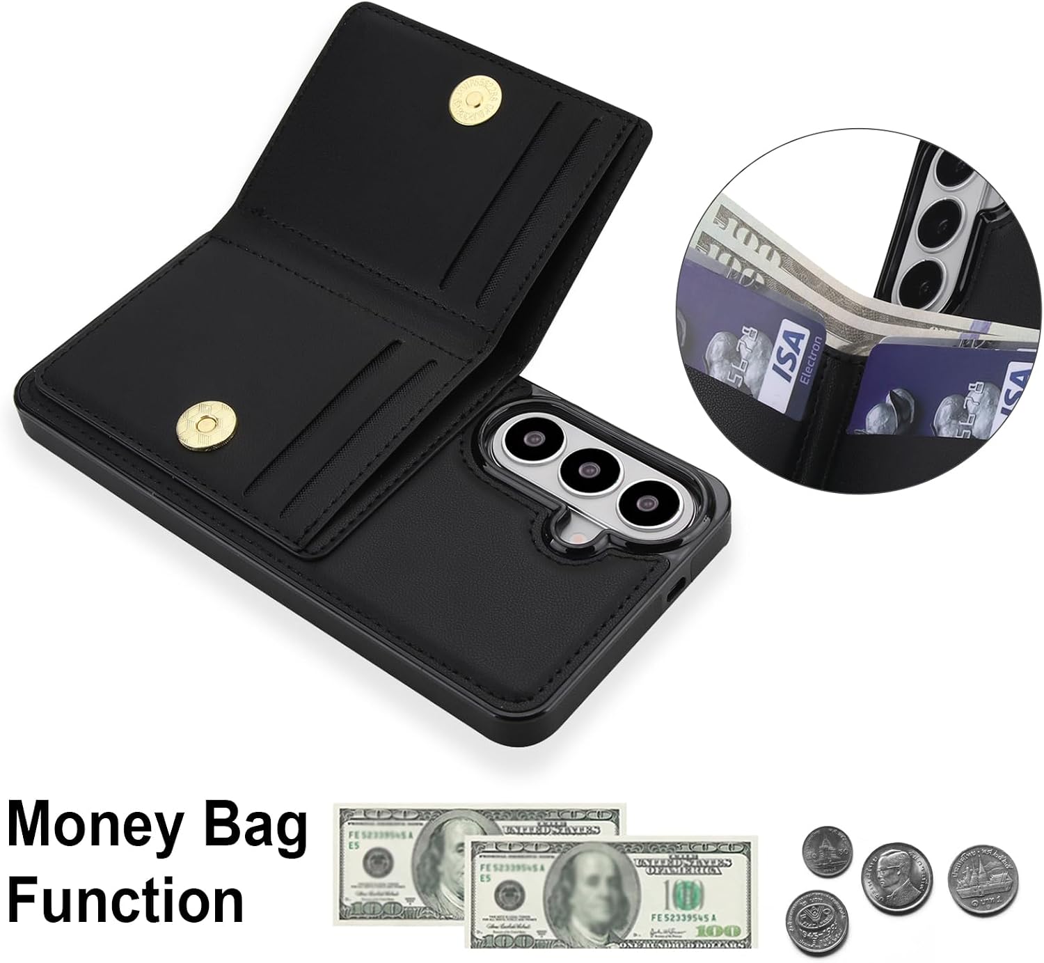 Mobile Phone Case for Samsung Galaxy A57 5G [RFID Protection] Case PU Leather Folding Wallet with 360° Rotating Ring Holder Stand Protective Wallet [Card Slot] Mobile Phone Case Cover - Black image 5