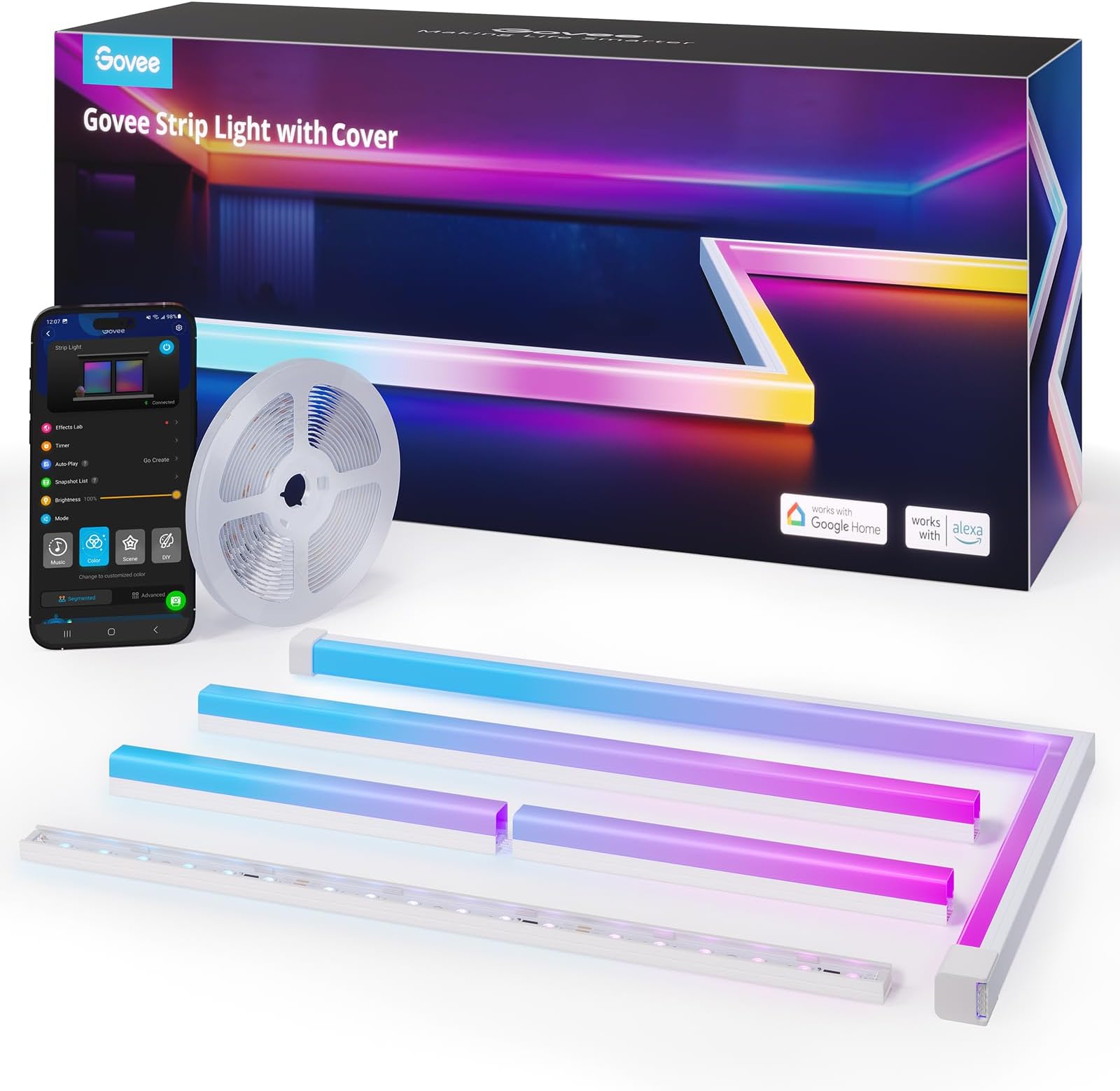 RGBIC LED Strip Light with Covers, 5M Glide Wall Light Work with Alexa & Google Assistant, LED Profile with Strip for Bedroom, Skirting, Cabinet