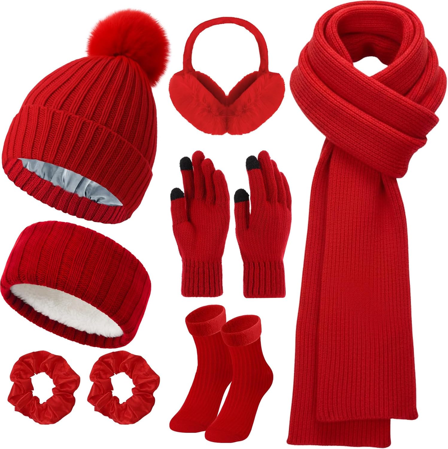 Geyoga 7 Pcs Winter Clothing Cuffed Beanie Hat Long Scarf Touchscreen Gloves Earmuff Socks Scrunchie Hairband for Women Men