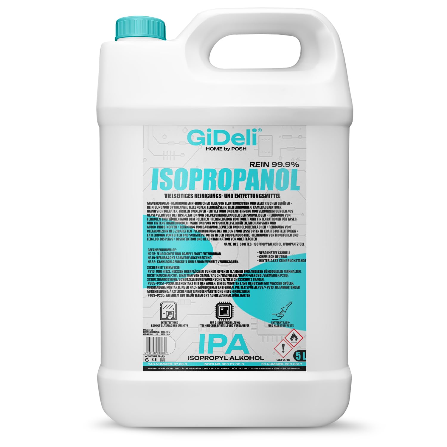 GiDeli Isopropanol 99,9% 5l - Isopropylalkohol Reiniger Hochprozentiger - Reinigungsalkohol für Elektronik, 3d Drucker zubehör, Glass, Bildschirmen und Linsen