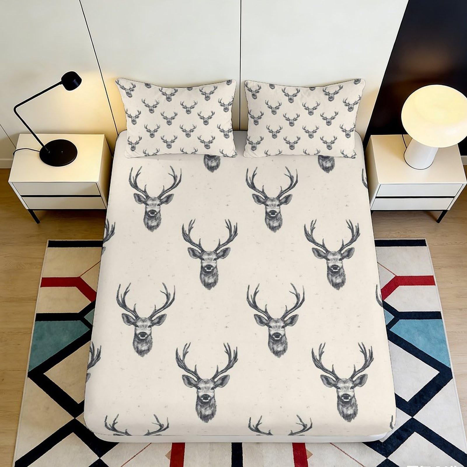 3D Printed Deer Antler Fitted Sheet Microfiber Beige Nordic Forest Mattress Cover for Bedroom Guest Room Decor 90x200x25cm