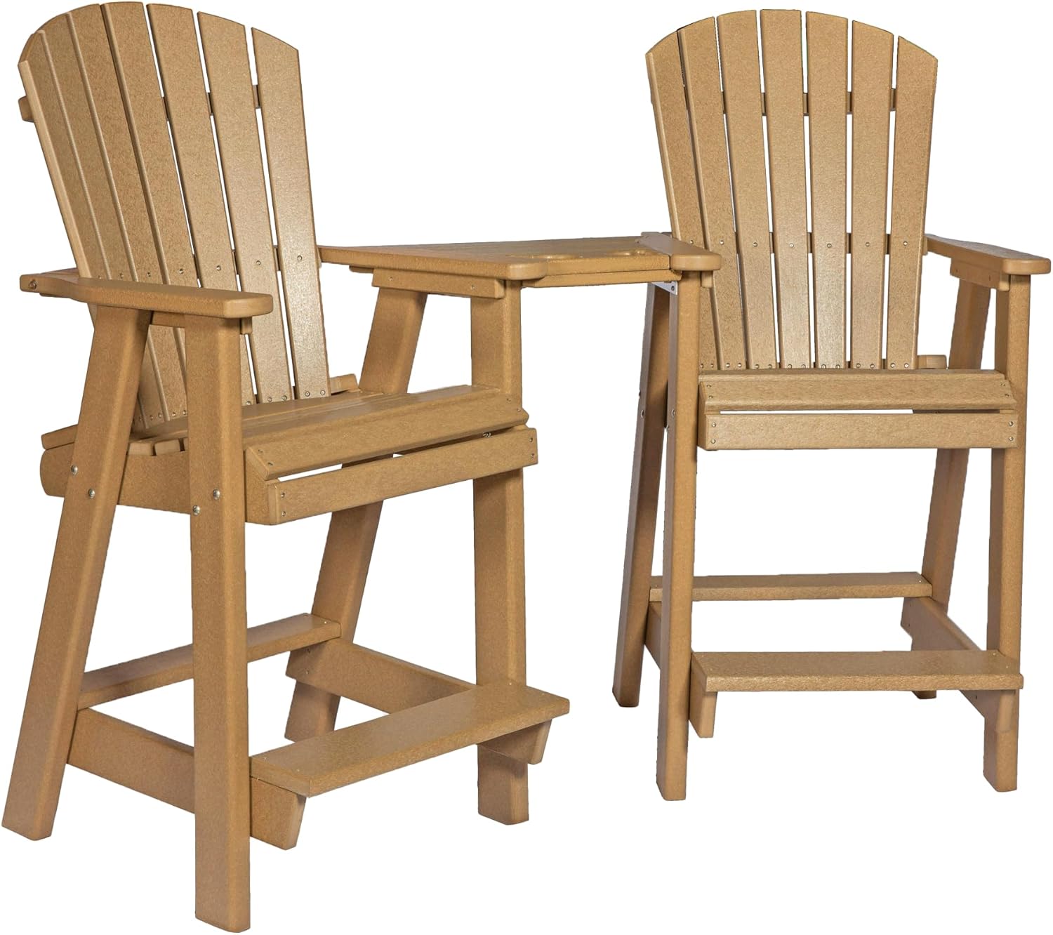 DutchCrafters Poly Adirondack Balcony Settee with Connecting Table and Two Chairs, Counter Height or Bar Height, Patio Furniture Set, High Top Adirondack Chairs (Weatherwood & Black, Bar Height)