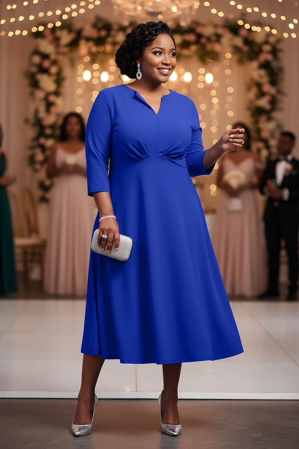 Nmoder Women's Plus Size Stretchy Flared Wrap Dress Casual Wedding Guest Midi Dresses V Neck 3/4 Sleeve A-Line Swing Dress - Image 3