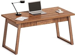 LITTLE TREE 55-Inch Home Office Desk with Drawer, Modern Minimalist Style Wooden Simple Study Writing Table, Mid-Century Log Executive Desk, Computer Desk, PC Laptop Desk Workstation, Walnut Brown