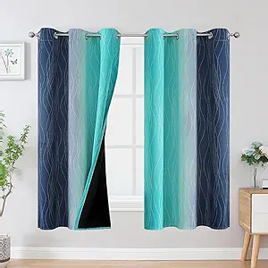 Estelar Textiler Teal and Navy Blue Blackout Curtains for Boys Bedroom, Full Room Darkening Grommet Ombre Curtains for Living Room, Thermal Insulated Light Blocking Gradient Drapes, 42Wx63L, 2 Panels