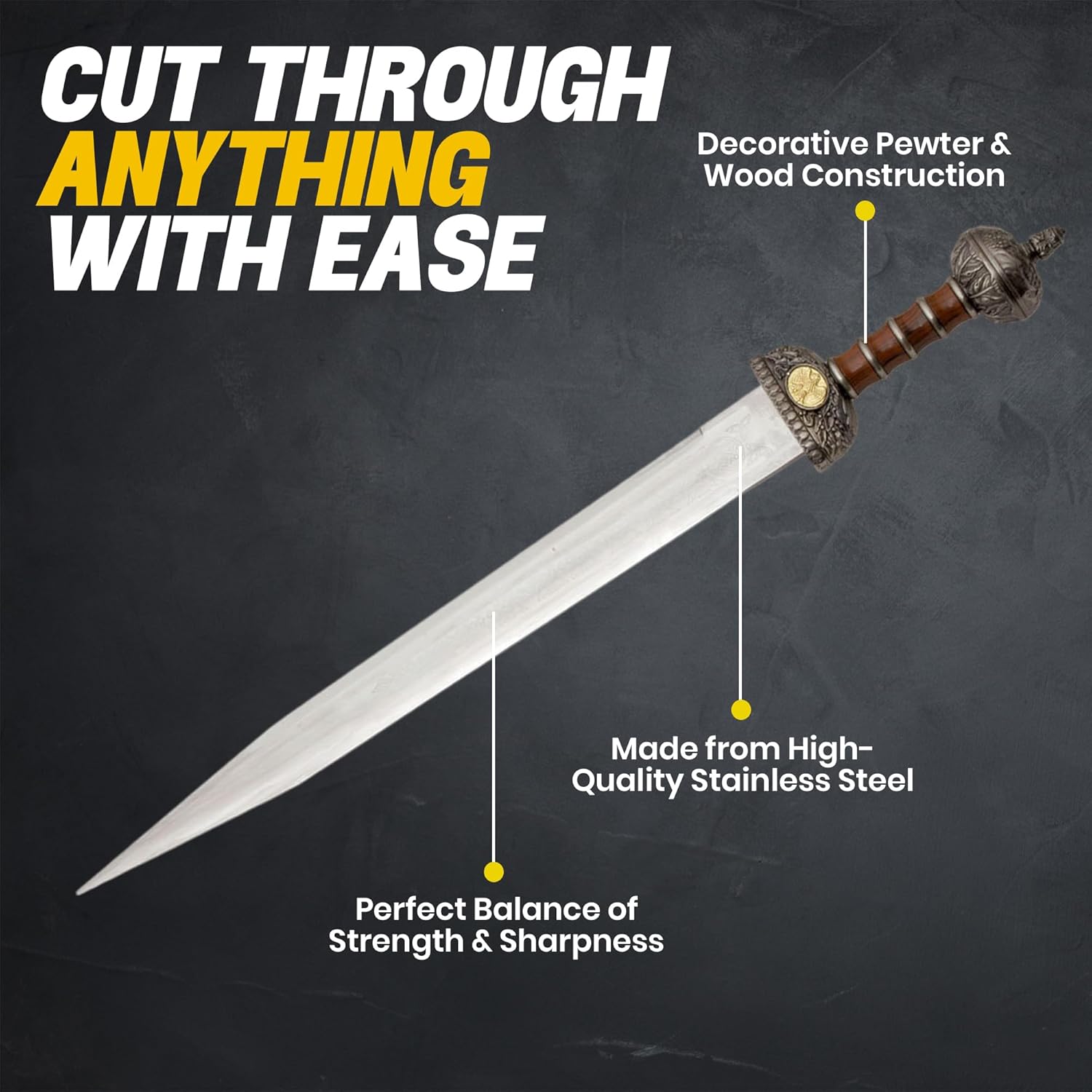 SZCO Supplies Roman Gladius Sword - Real Swords for Adults, 31" Stainless Steel Blade, Pewter and Wood Handle, Decorative Scabbard- Gladiator Sword with Wood Display Stand