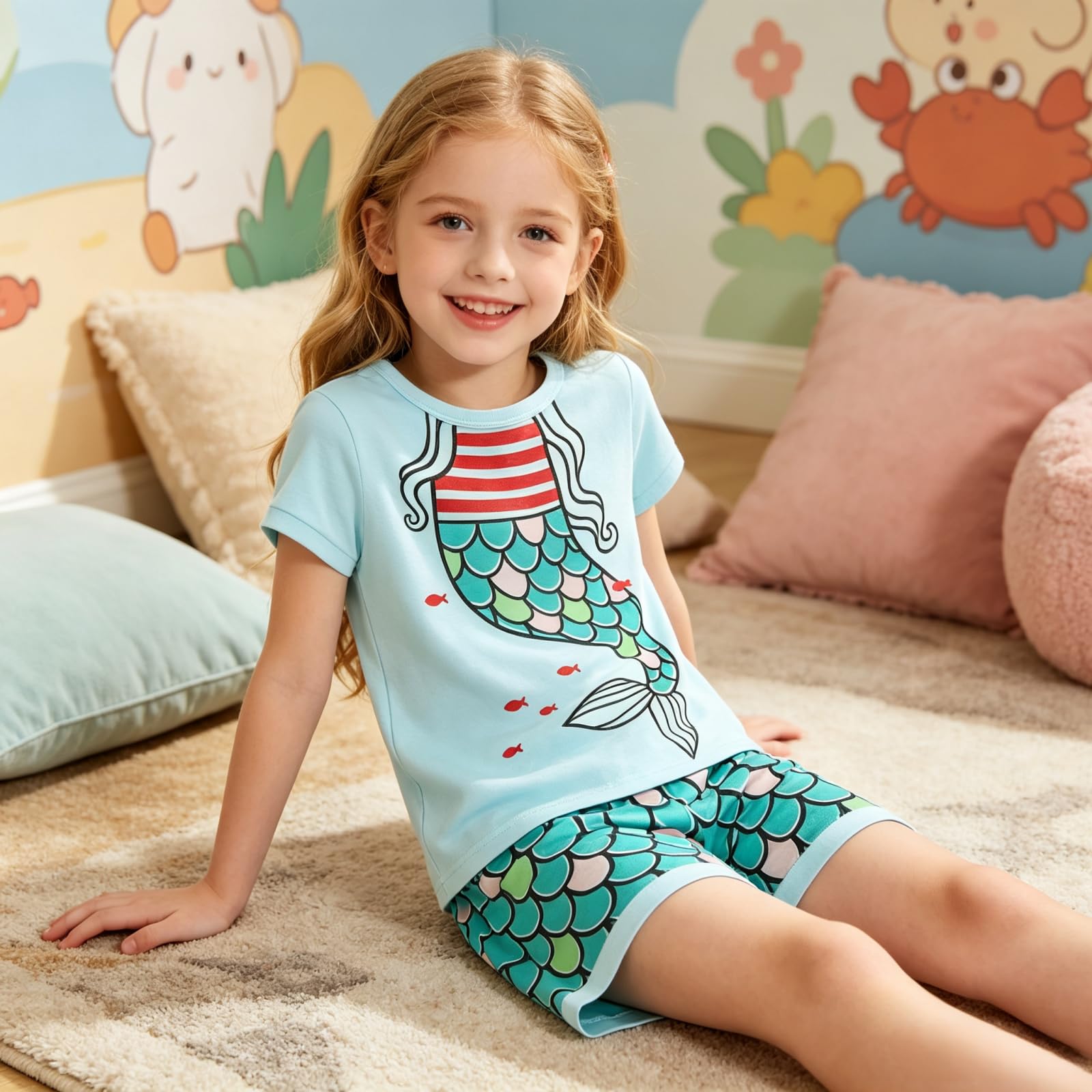 Pyjama Fille Coton Été Ensemble Manches Courtes et Short Vêtements de Nuit pour Enfant 1-12 Ans