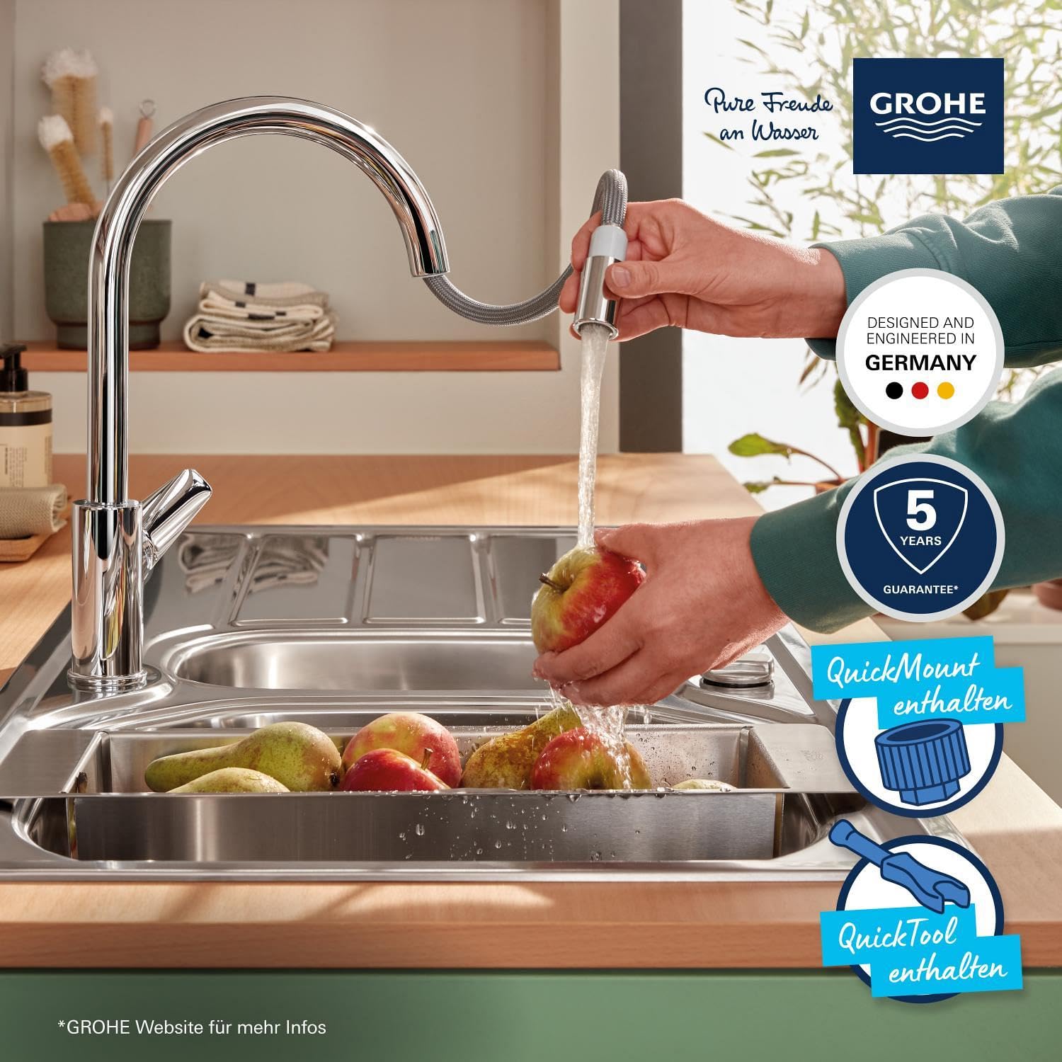 GROHE StartEdge, Küchenarmatur (Wasserhahn Küche mit ausziehbarer Brause, 360° Schwenkbereich, wassersparend dank variabler Mengenbegrenzung, werkzeugfreie Spülbecken-Montage), chrom, 30550000