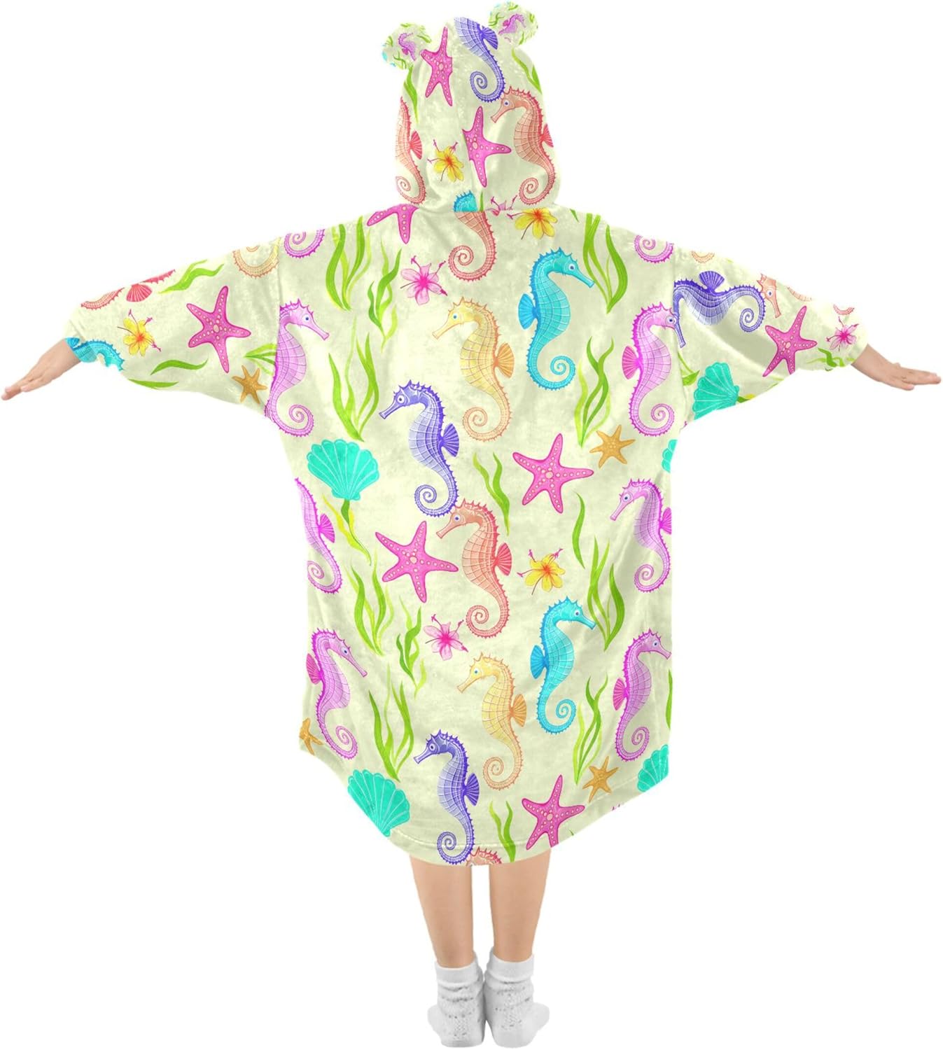 Cute Seahorse Kids Wearable Blanket Hoodie with Pocket and Sleeves for Toddlers, Cute Hoodies 3-14 Year Girls Boys