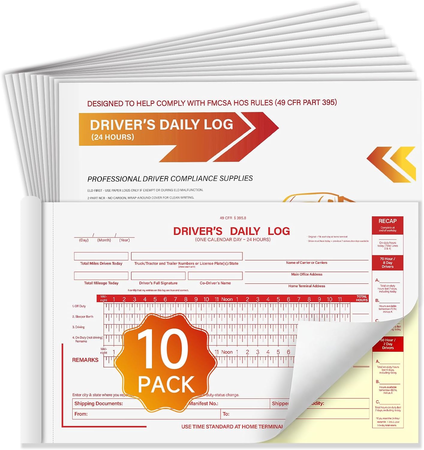 Log Book for Truck Drivers – Daily HOS Log Book with 7 & 8 Day Recap,2-Ply Carbonless, 35 Sets per Book, 10-Pack,5.5"x8.5", Easy-to-Use and Durable, Meets 49 CFR 395.8 for Truck Drivers