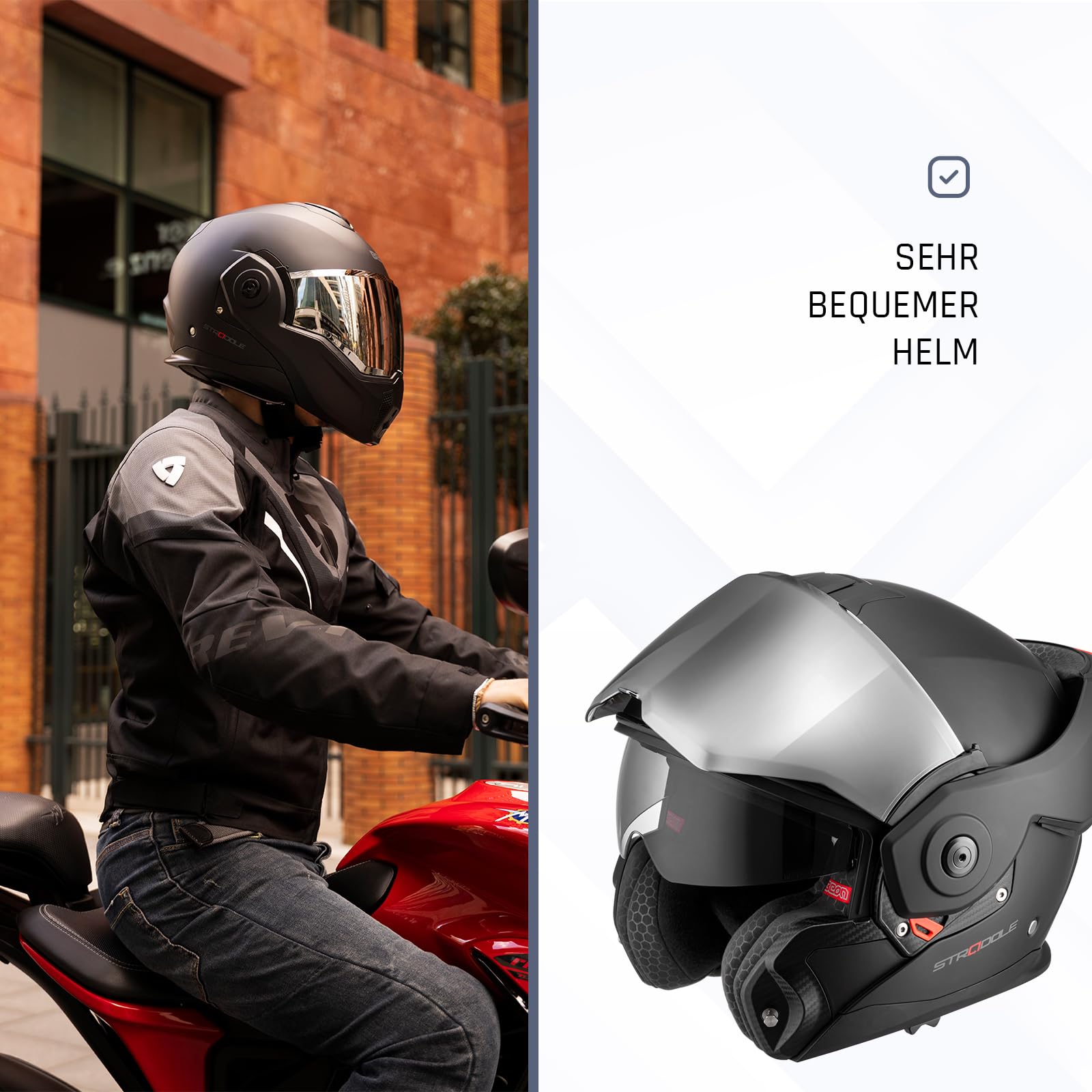 BEON Stradale Motorradhelm Klapphelm – Systemhelm mit Visier & Sonnenblende, 180° Flip-Up Integralhelm für Damen & Herren, Roller- & Motorradhelm