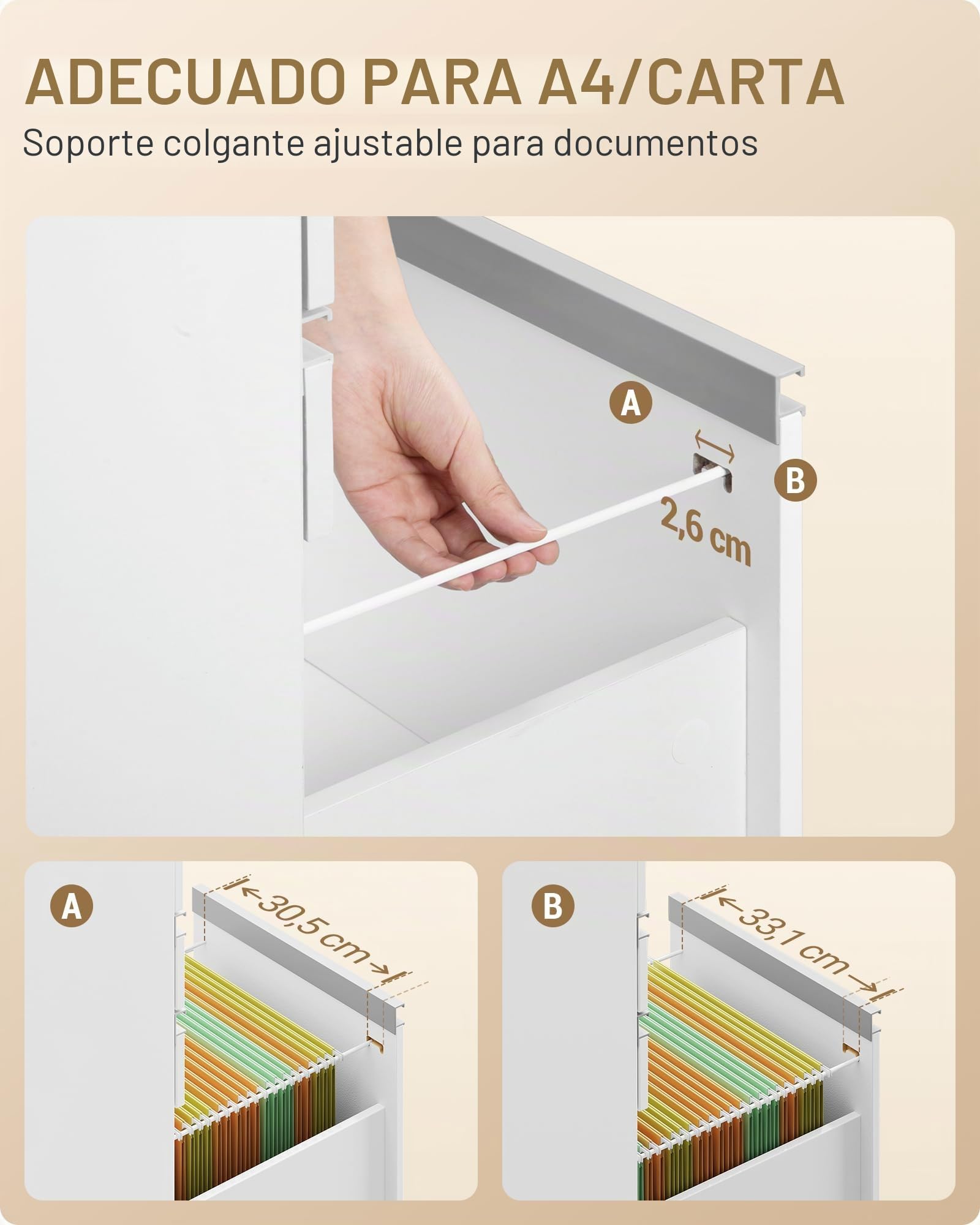 Hzuaneri Cajonera Escritorio, Archivador Móvil con Ruedas, 3 Cajones, 2 Estantes Ajustables, para Estudio, Oficina, Blanco FC42003X