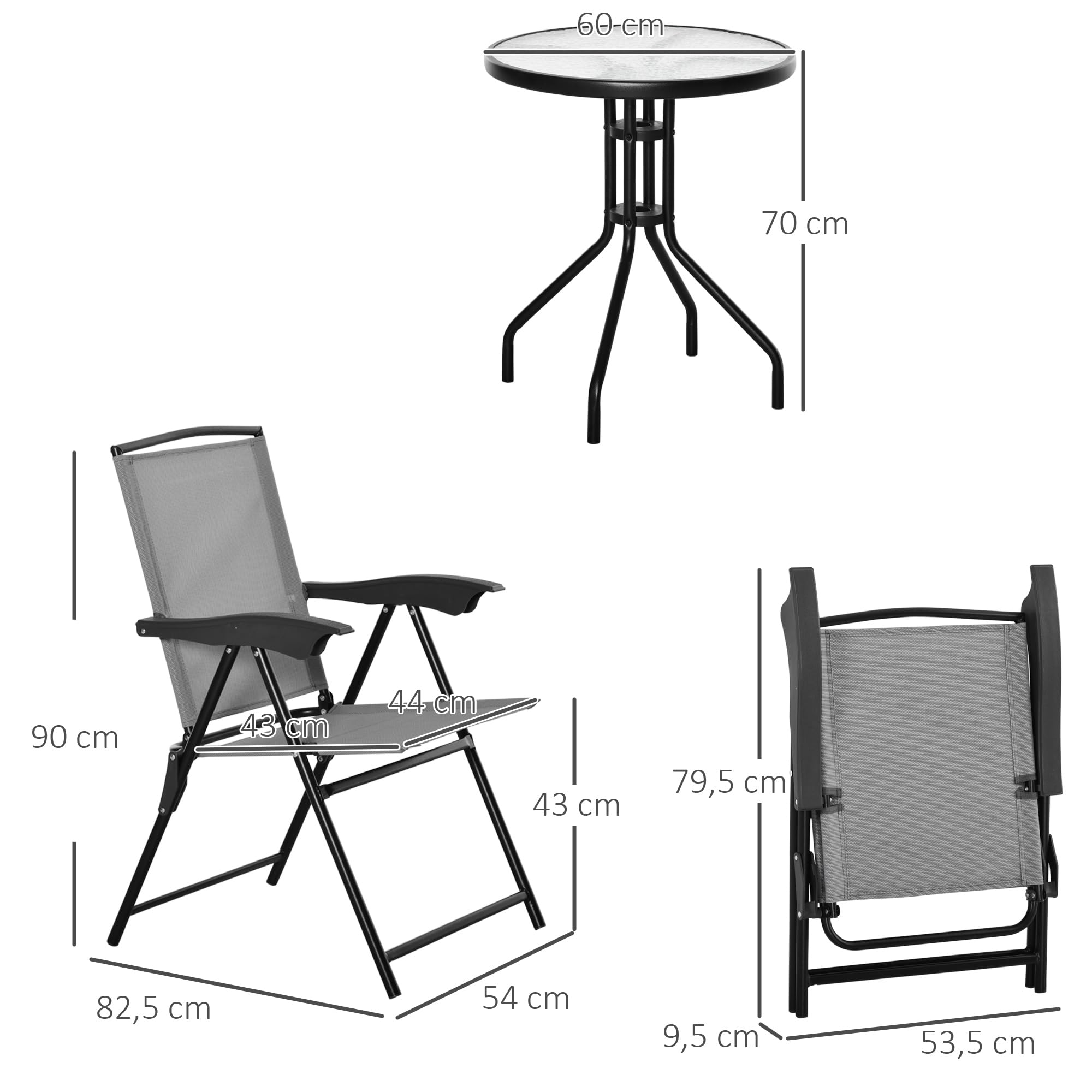 Outsunny Ensemble de Jardin 3 pièces 2 chaises inclinables Multi-Positions Pliables + Table Ronde Verre trempé métal textilène Gris