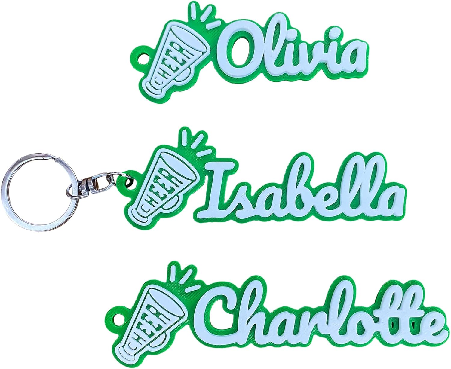 Bulk of 10/20/30 Personalized Custom Name Green Cheer Cheerleader Cheerleading Megaphone Keychain Keyring 3D Printed Game Day Sport Fans
