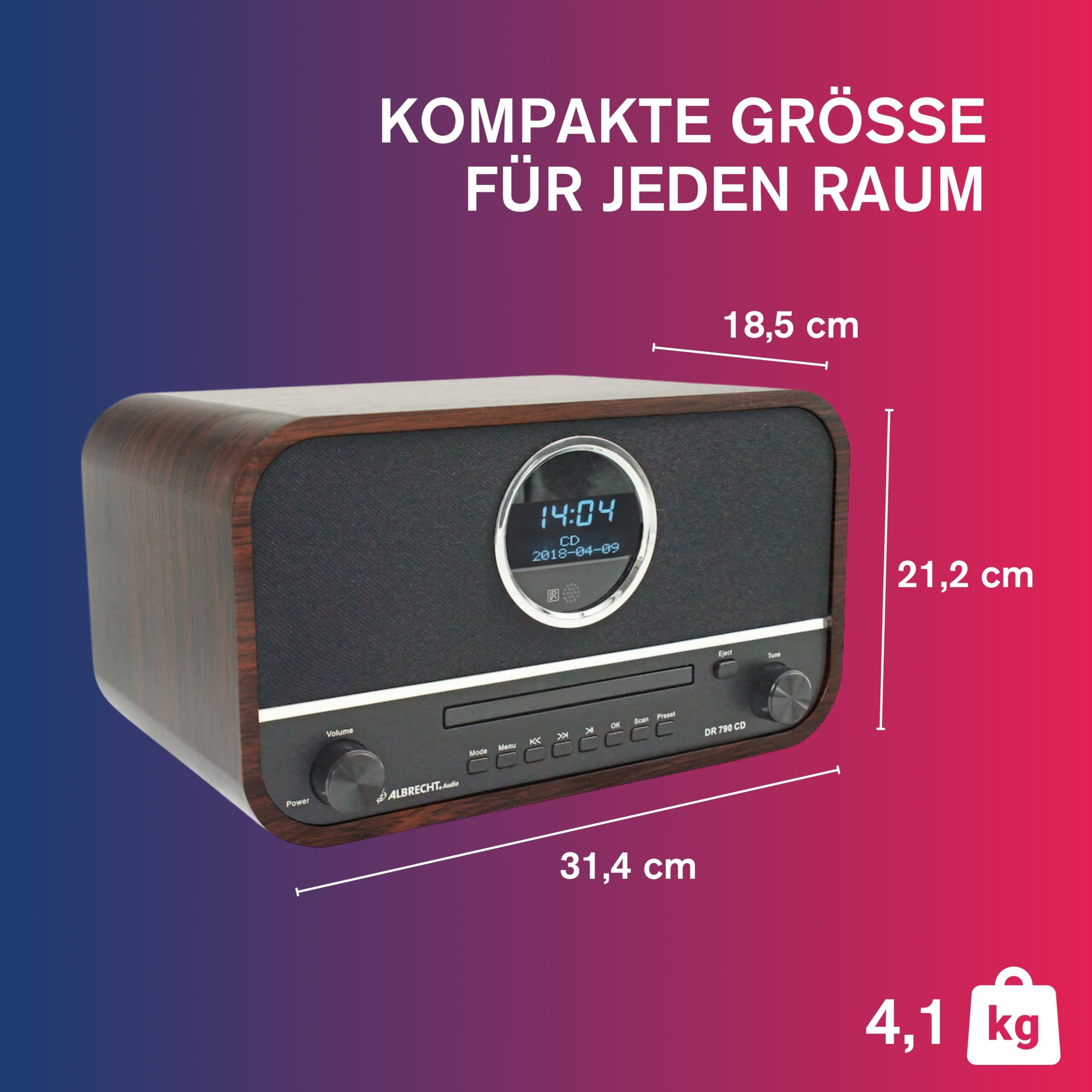 Albrecht DR 790 CD Digital-Radio DAB+ & UKW, multifunktional, CD-Player, Fernbedienung, Streaming & USB, Küchen-Radio, Holzgehäuse dunkelbraun