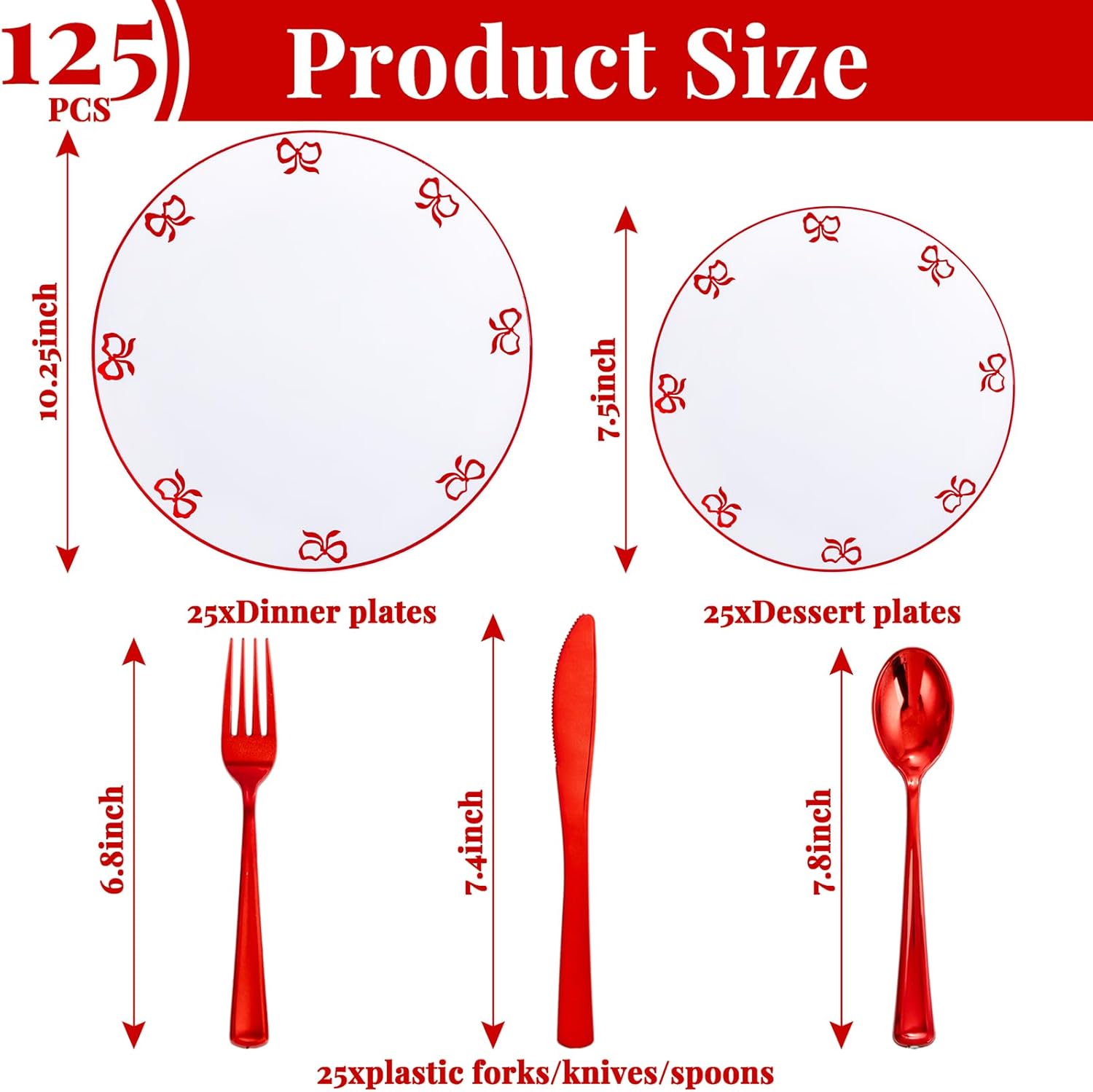125PCS Red Bow Plastic Plates - White and Red Rim Disposable Plates - 50 Elegant Plates with Bowknot Patterns, 25 Forks, 25 Spoons, 25 Knives for Birthday Wedding Party