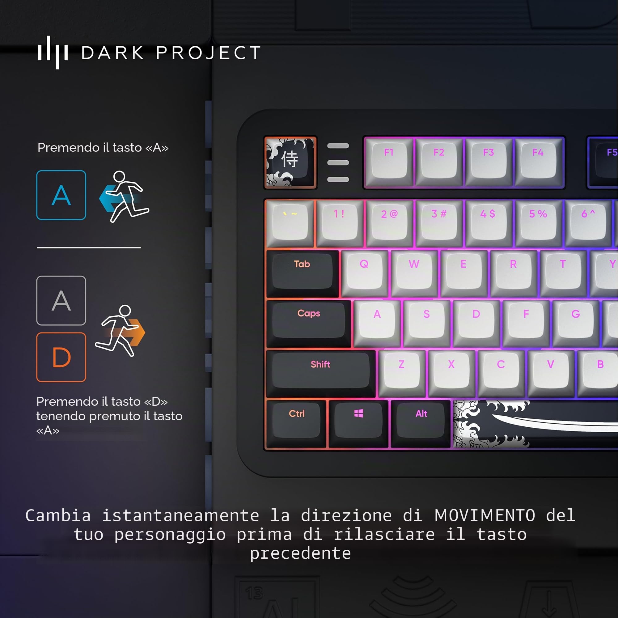 Dark Project ALU87B Bushido Tastiera meccanica da gioco | ISO Multi | Hot swap | G3MS Moonstone Interruttori unti | Stabilizzatori unti | Supporto di tenuta flessibile | Alluminio | TKL 80% | RGB