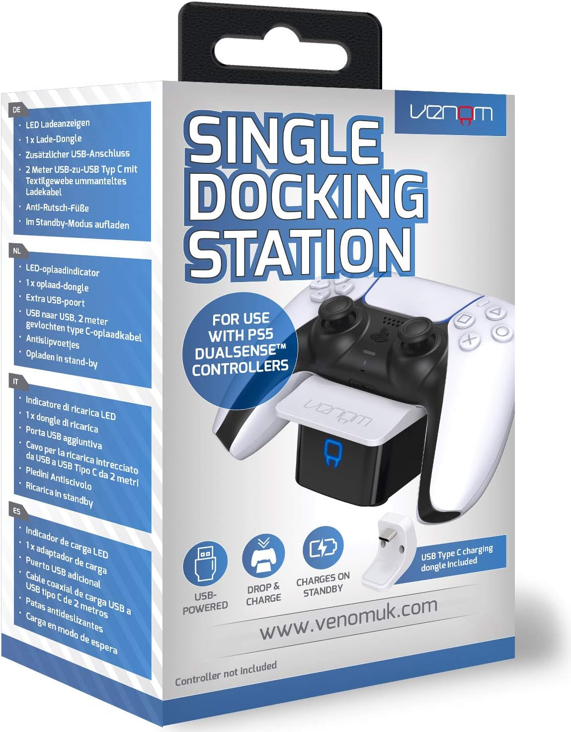 Venom PS5 Controller Charging Station, Slim Dock Compatible with PlayStation 5, Single Wireless Controller Charger with LED Indicators, Docking Station Stand with 1X USB Dongle