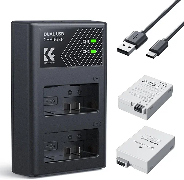 K&F CONCEPT LP-E8 Battery and Dual Slot Battery Charger for Canon EOS Rebel T3i T2i T4i T5i, EOS 600D 550D 650D 700D, Kiss X4 X5 X6 X7, LC-E8E Digital Cameras