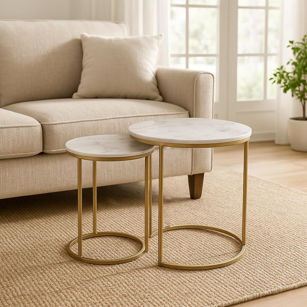 Generico DOMUSTREND Set 2 Tavolini da Salotto Rotondi, Piano Effetto Marmo Bianco e Base Oro, 44x44x40 cm e 34x34x35 cm, Stile Moderno Scandinavo