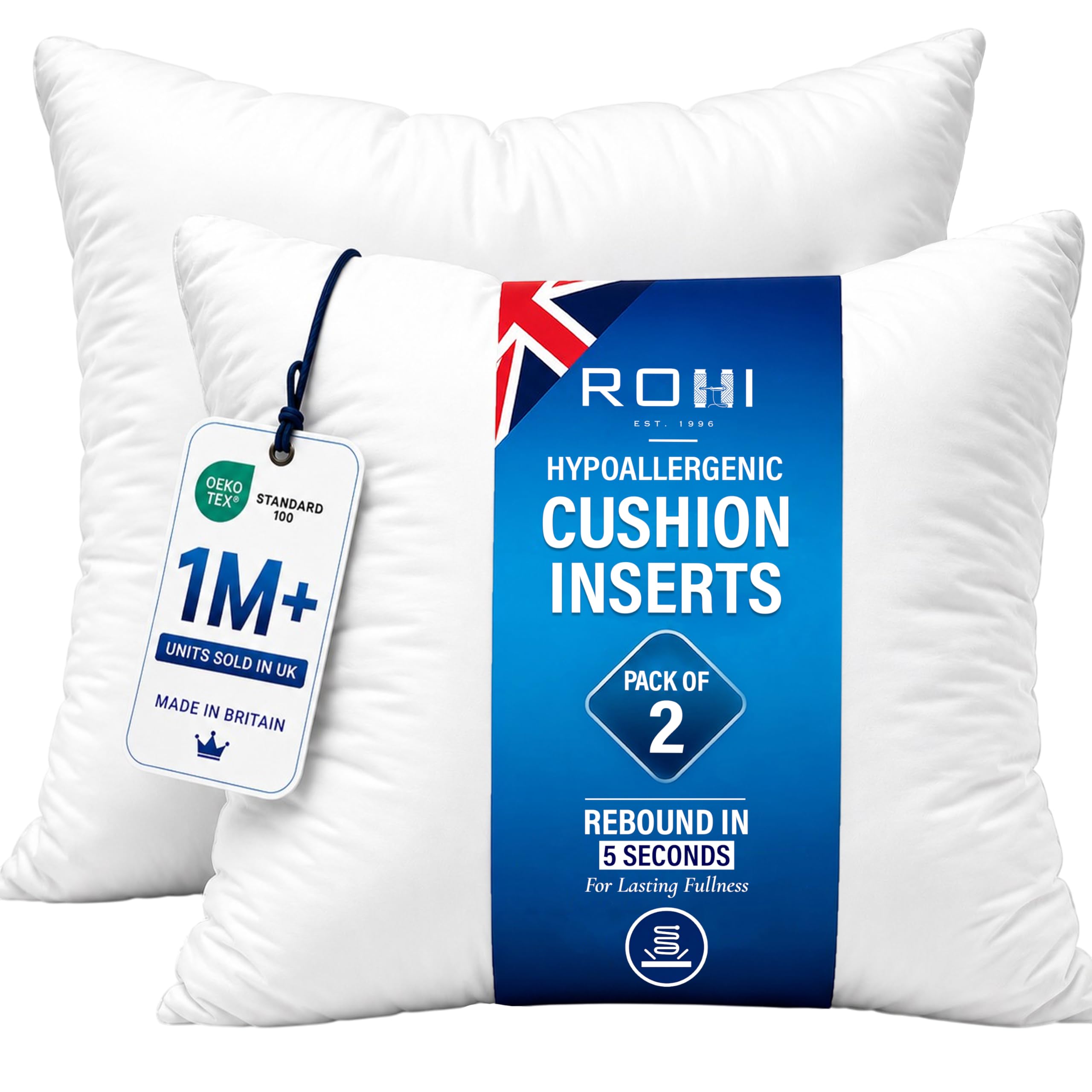 Rohi Set of 2 Hypoallergic Cushion Inner Pads (Pack of 2) 24" x 24" (60cm x 60cm) Cushion Insert Decorative Square Pillow Stuffer for Sofa Couch Cushions