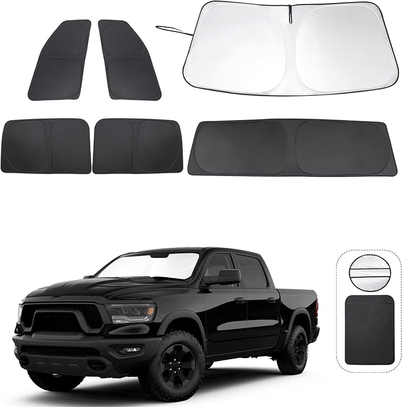 Protetor Solar para Janelas e Para-brisa TINGLU compatível com Dodge RAM 1500 2019–2026 CrewCab, MegaCab, RegularCab 2 portas e QuadCab 4 portas, preto, kit com 6 peças