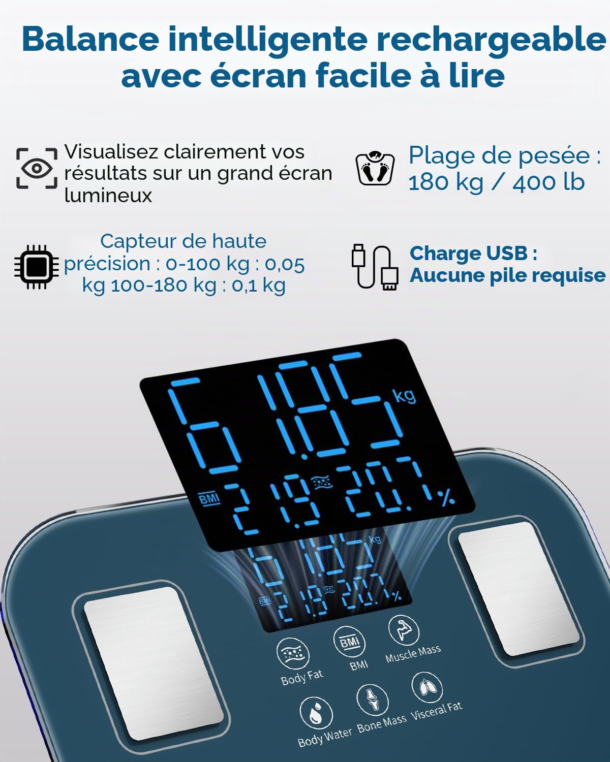 Arboleaf Balance Impédancemètre Rechargeable USB, Pèse Personne Masse Graisseuse et Muscle, IMC 14 Paramètres, 180 kg