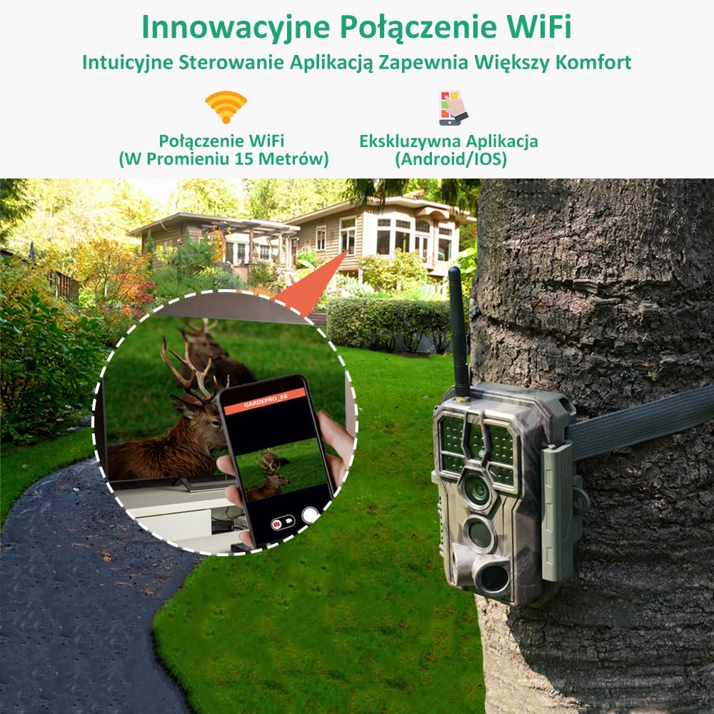 GardePro E8 Kamera Myśliwska WiFi z Aplikacją, 64MP H.264 1296P Wideo, Niewidzialne Podczerwone LED do 30m, 0.1s Szybki Wyzwalacz, Czujnik Ruchu, Kąt 120°, Wodoodporność IP66