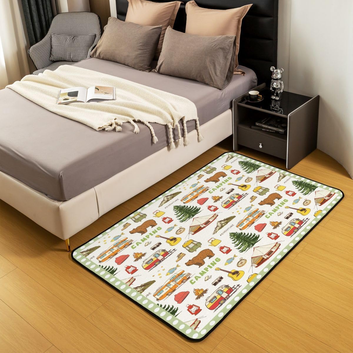 Camping Themed Area Rug 3x5, Glamping Tent Rug for Camper Camping Fan, Camper Must Haves Woodland Bear Carpet, Lodge Cabin Cottage Camfire Camping Stuff Non Slip Accent Rug for Bedroom
