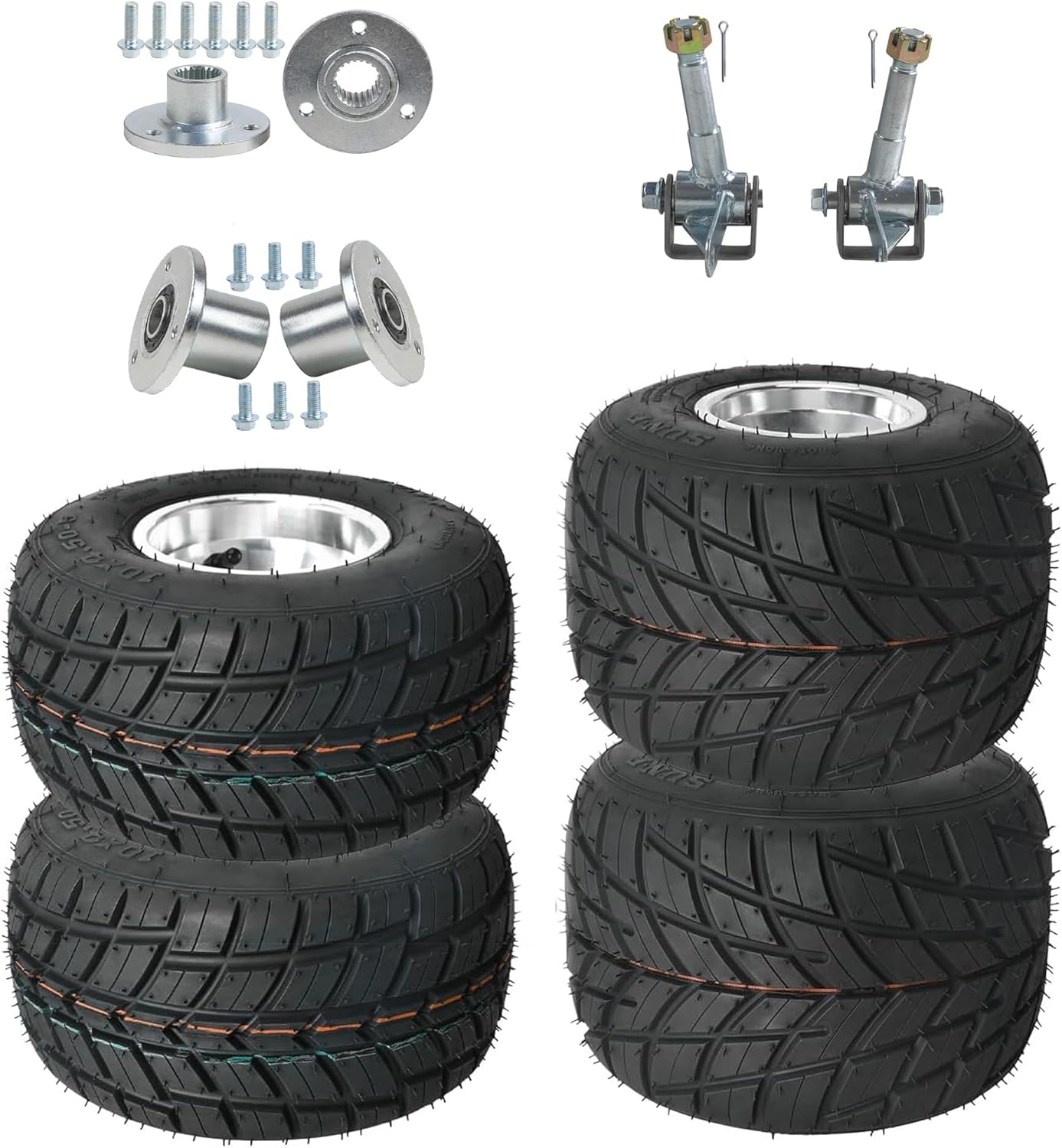 5" Go-Kart Tire & Wheel Set – Front 10x4.50-5, Rear 11x7.10-5 Tubeless Rain Tires with 3-Lug 50mm Bolt Pattern, Includes 23T Wheel Hubs & Steering Knuckles for ATV, Quad, Mini Bike