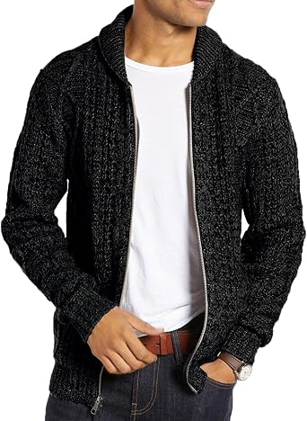 Ryannology Mens Zip Up Cardigan Sweater Shawl Collar Cable Knit Sweaters