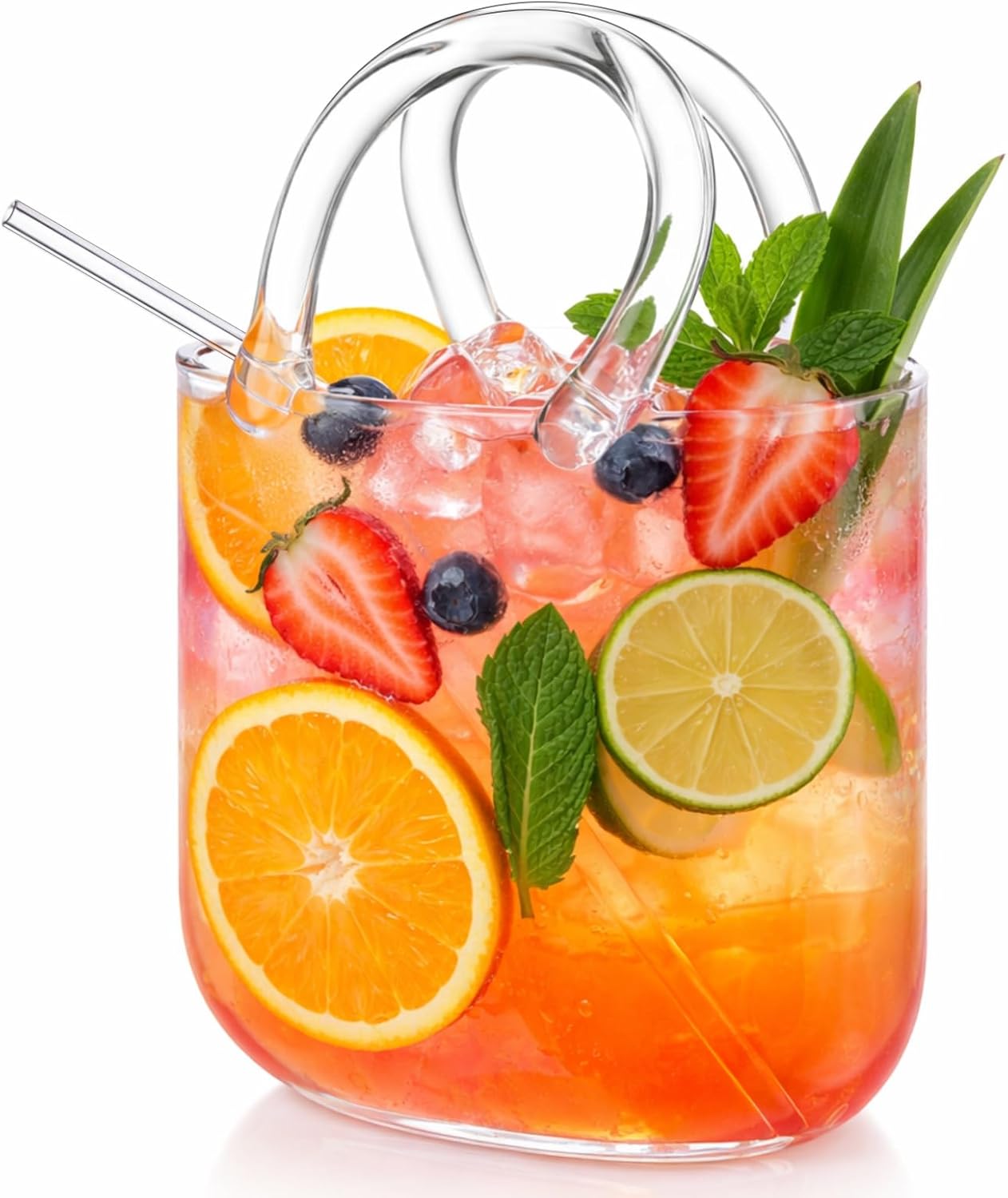 Glass Purse for Drinks Set Wine Cup Purse Bag Shape with Glass Straw for Juice Tea Cocktails Fish Tank Vase a Ladies' Party Gift Creative Drinking Mug(118 oz,Classic)