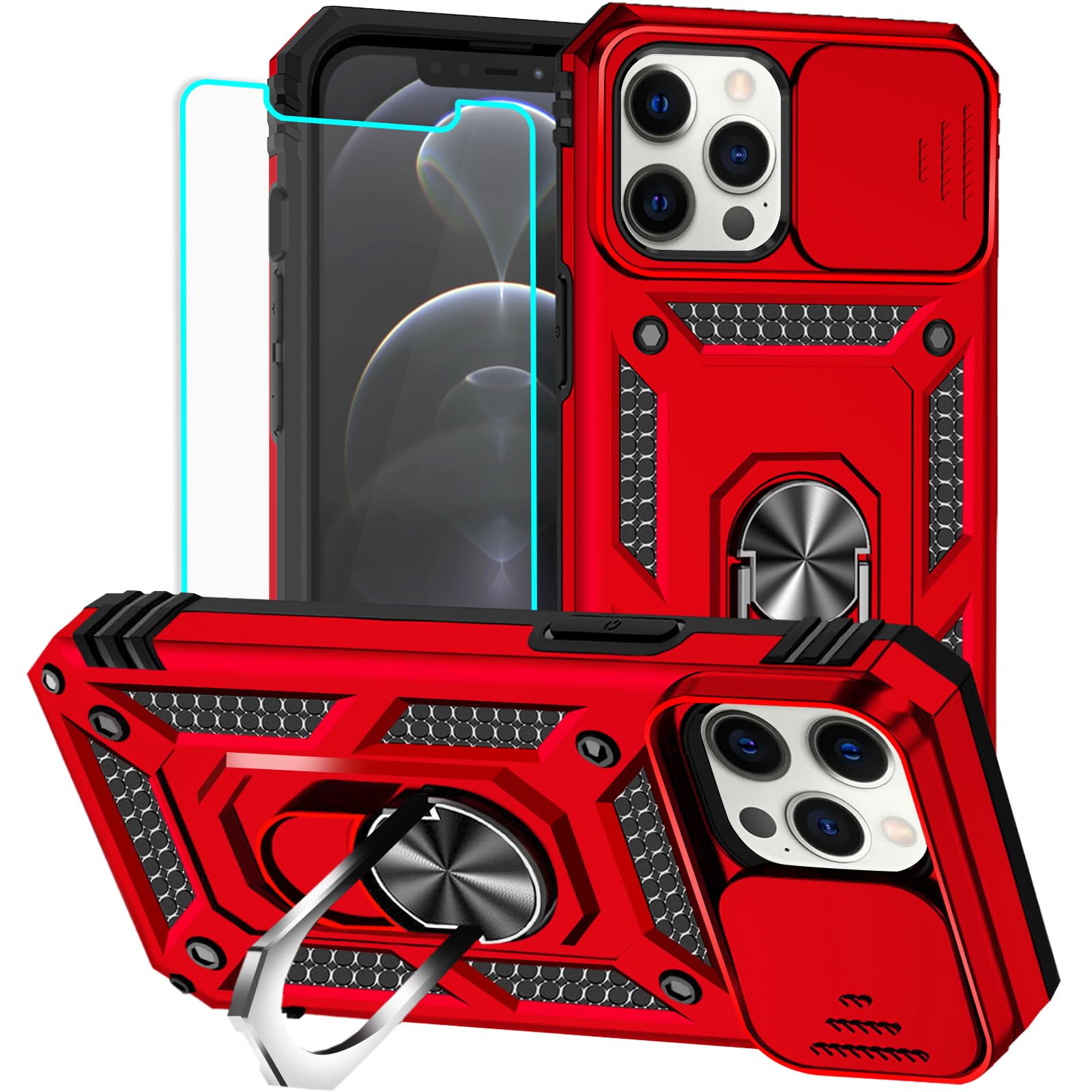 HNHYGETE for iPhone 12 Pro Max Case with Screen Protector: [Military Grade 20ft. Drop Tested] Slide Camera Cover Ring Shockproof Protective Phone Case for - iPhone 12 Pro Max (Red)