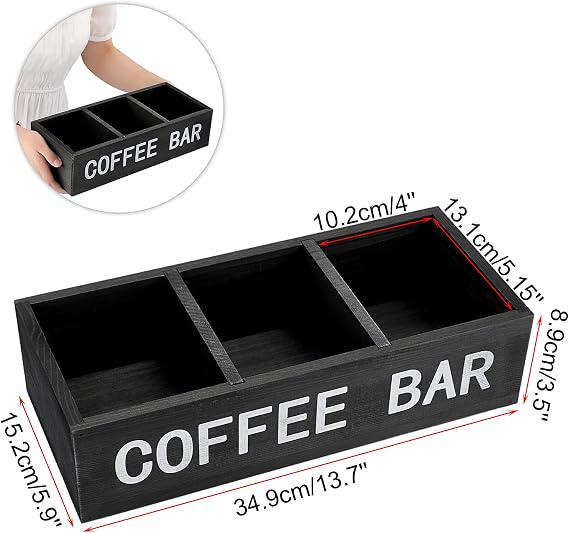 ELLDOO Coffee Bar Wooden Storage Box with Removable Grids, Station Organizer Pod Holder, Rustic Coffee Accessories for Counter, Farmhouse Kitchen, Black