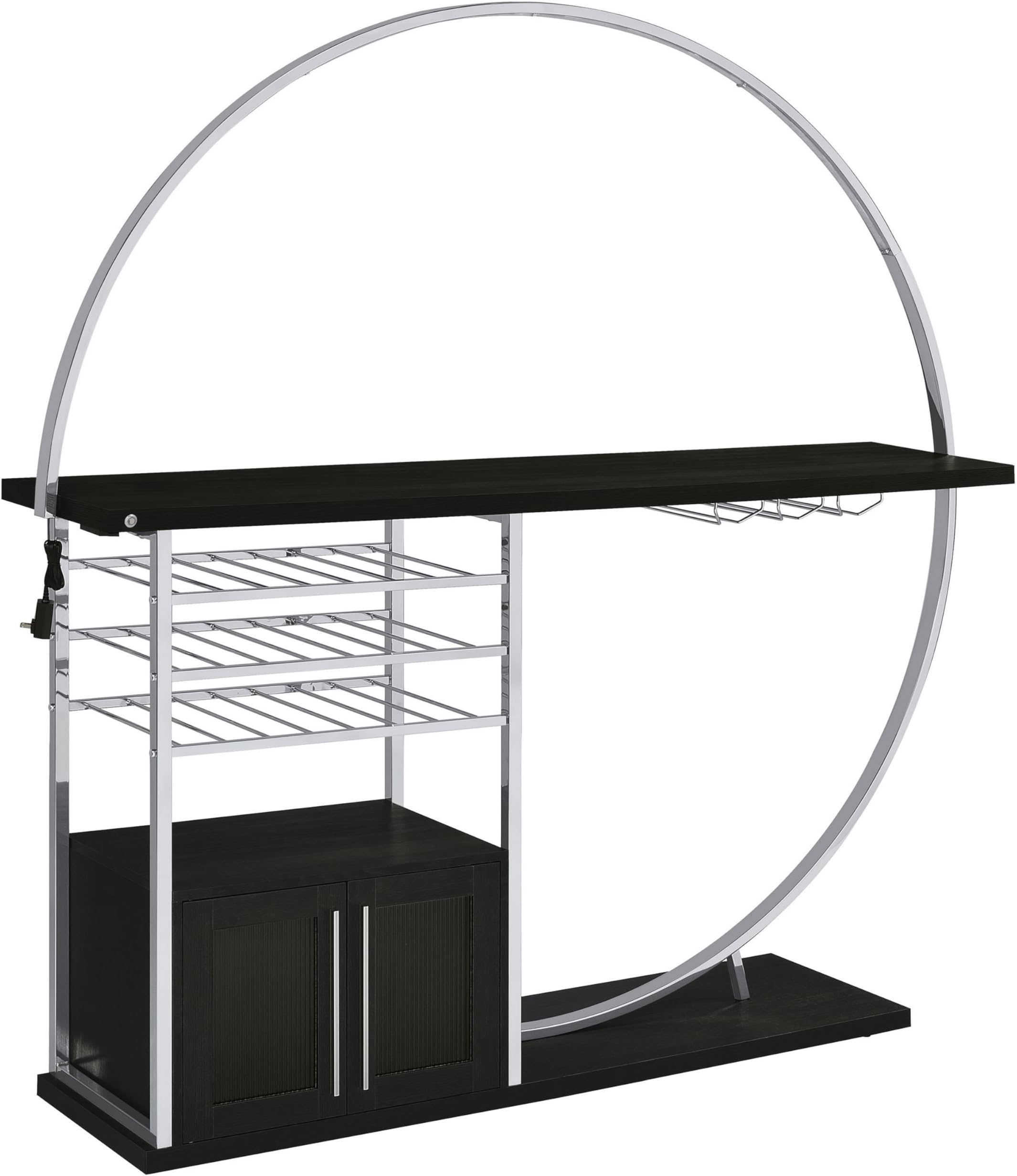Benzara Riya Home Bar Table- LED Light- Cabinets- Wine Storage- Black- Chrome Metal