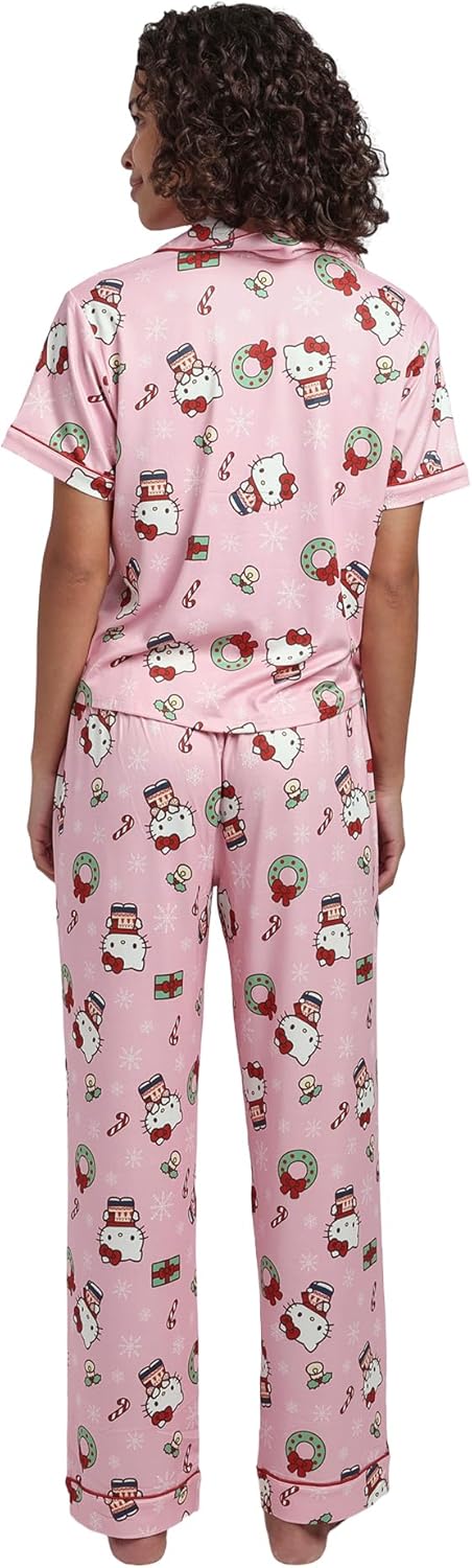 Bioworld Hello Kitty Holiday All-Over Print Women's Button-Down Shirt And Pants Traditional 2-Piece Pajama Set - Image 2